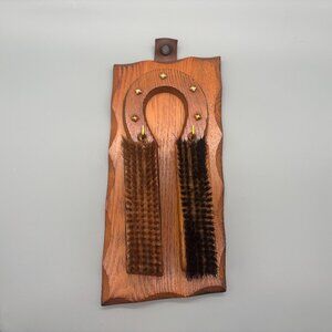Vintage Horsebrush Wall Cleaning Brush Set on Carved Oak Plaque | Made in Japan